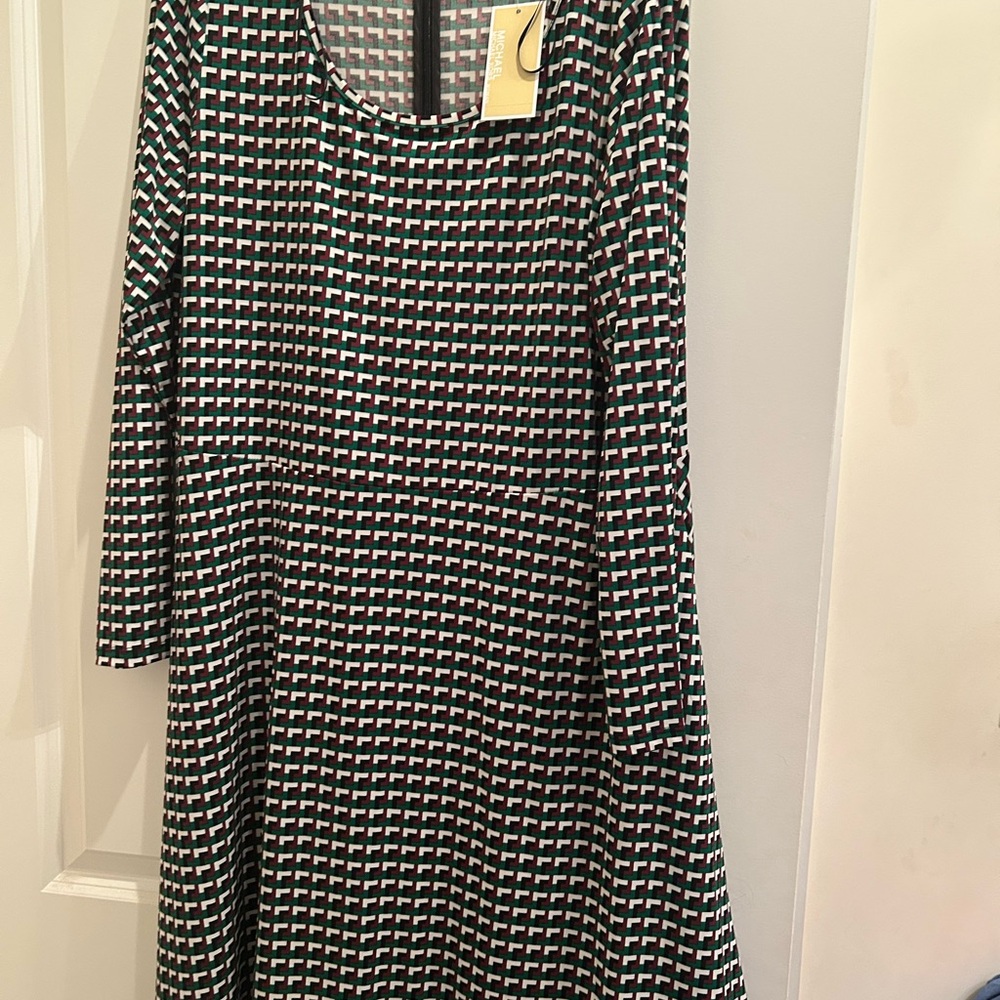Michael Kors Black and White Geometric Long Sleeve Dress